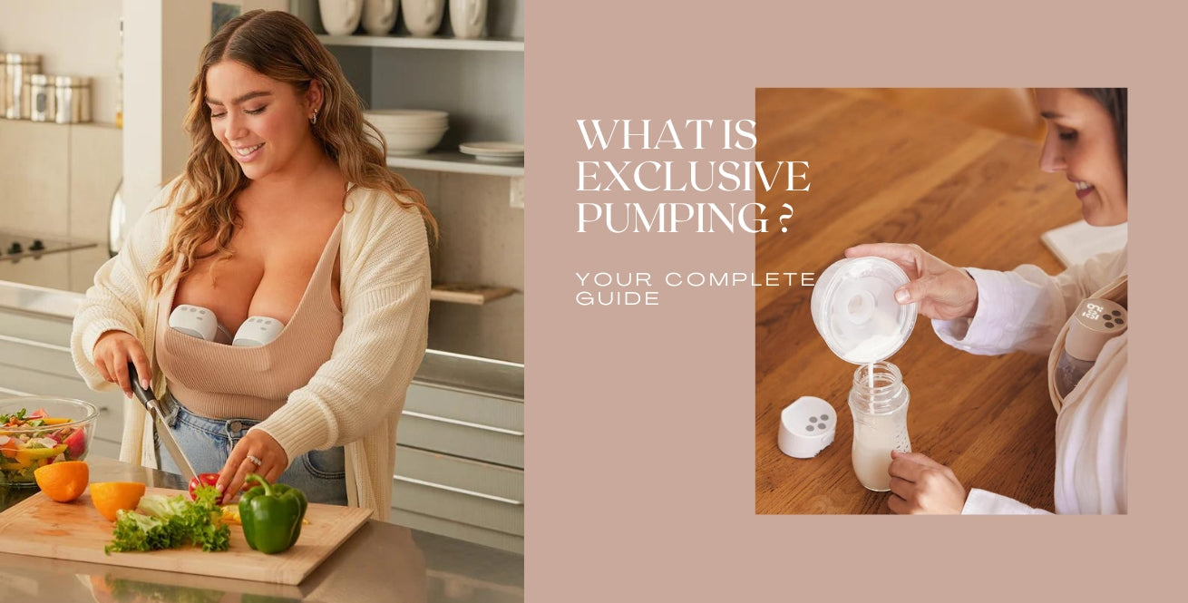Wearing a breast pump, a woman in a kitchen preparing food