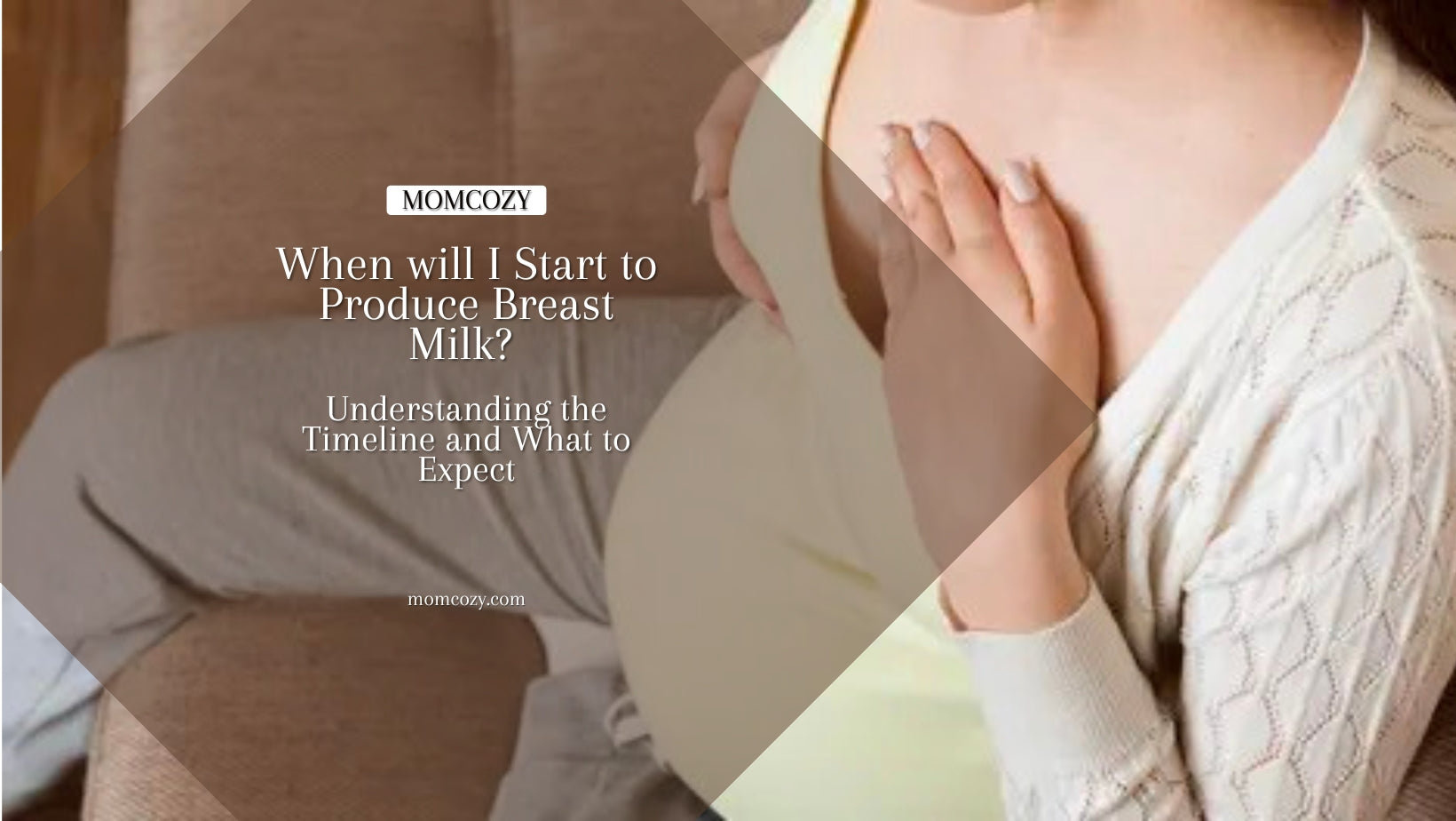 A pregnant woman holding her breast, with text about breast milk production timeline