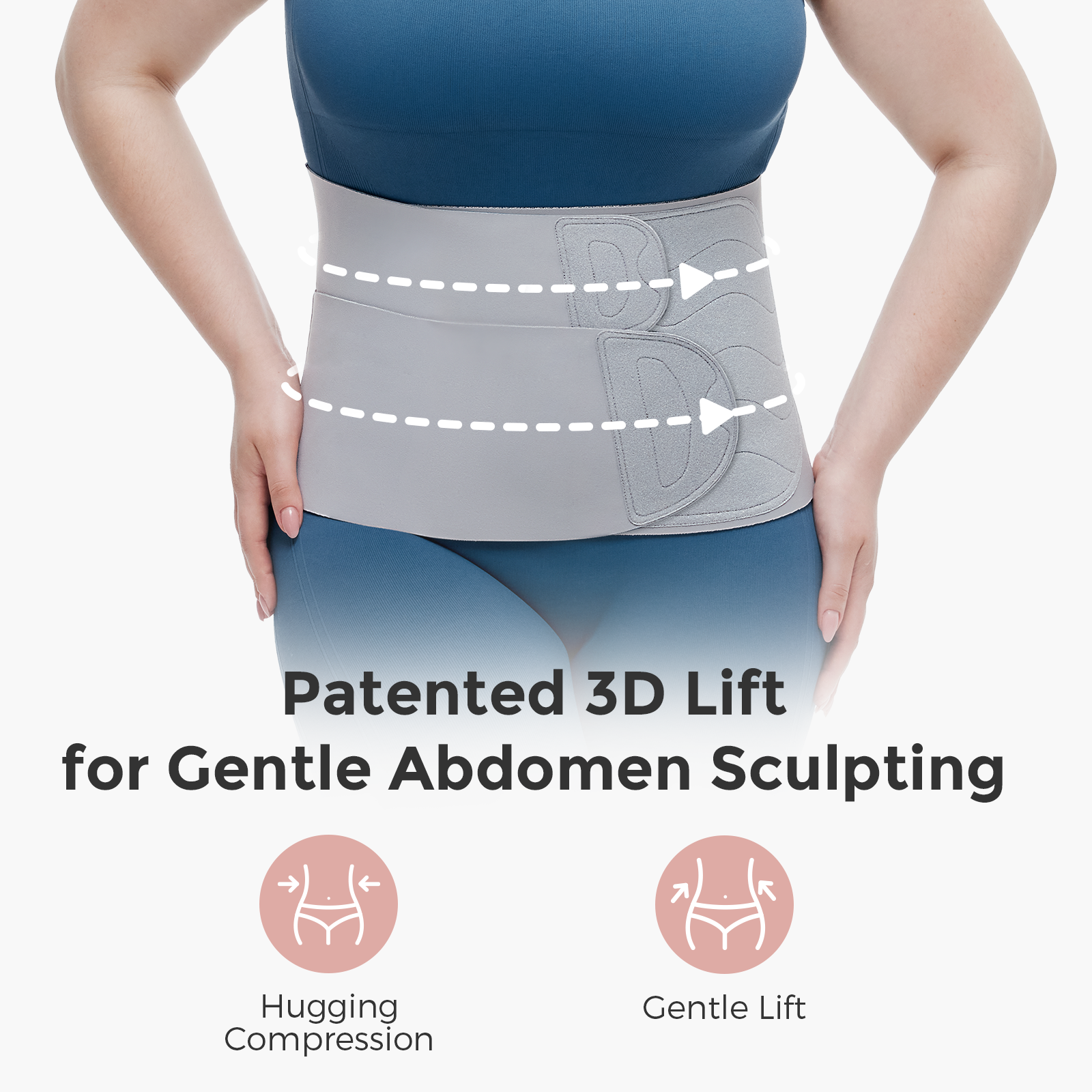 Momcozy Ergowrap Postpartum Belly Band in light gray, patented 3D lift for gentle abdomen sculpting and postpartum support.