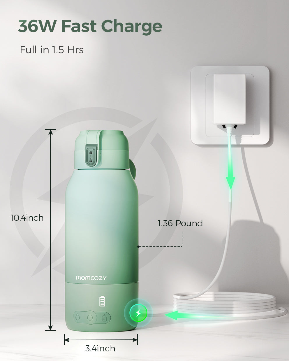 Momcozy mint green portable breast milk and water warmer, fast charging in 1.5 hours, ideal for travel
