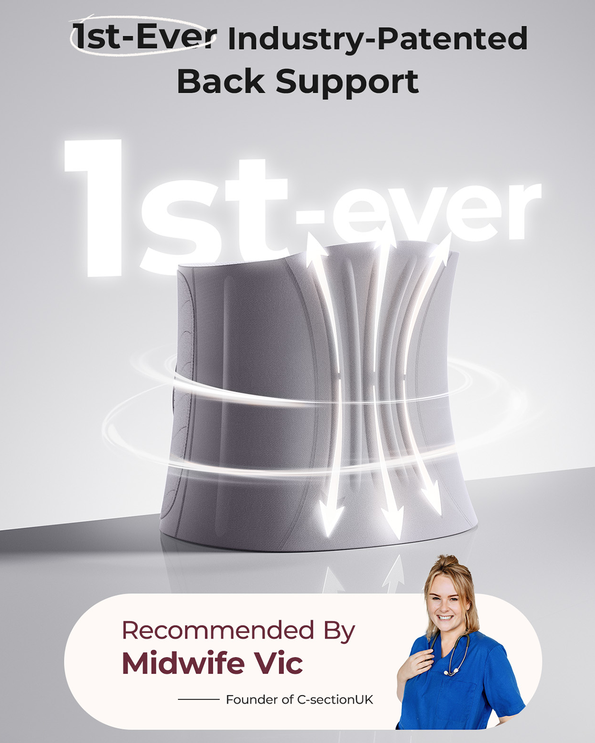 Momcozy Ergowrap Postpartum Belly Band with patented back support, recommended by Midwife Vic for postpartum recovery.