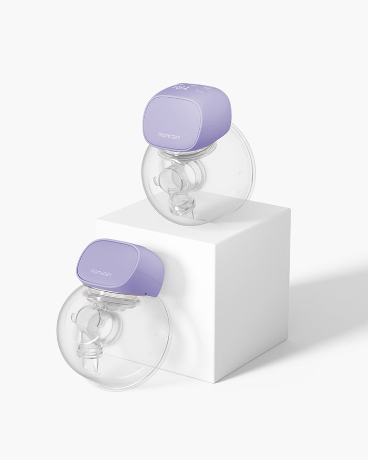 S9 Pro Wearable Breast Pumps in soft purple on pedestal, highlighting modern design and functionality.