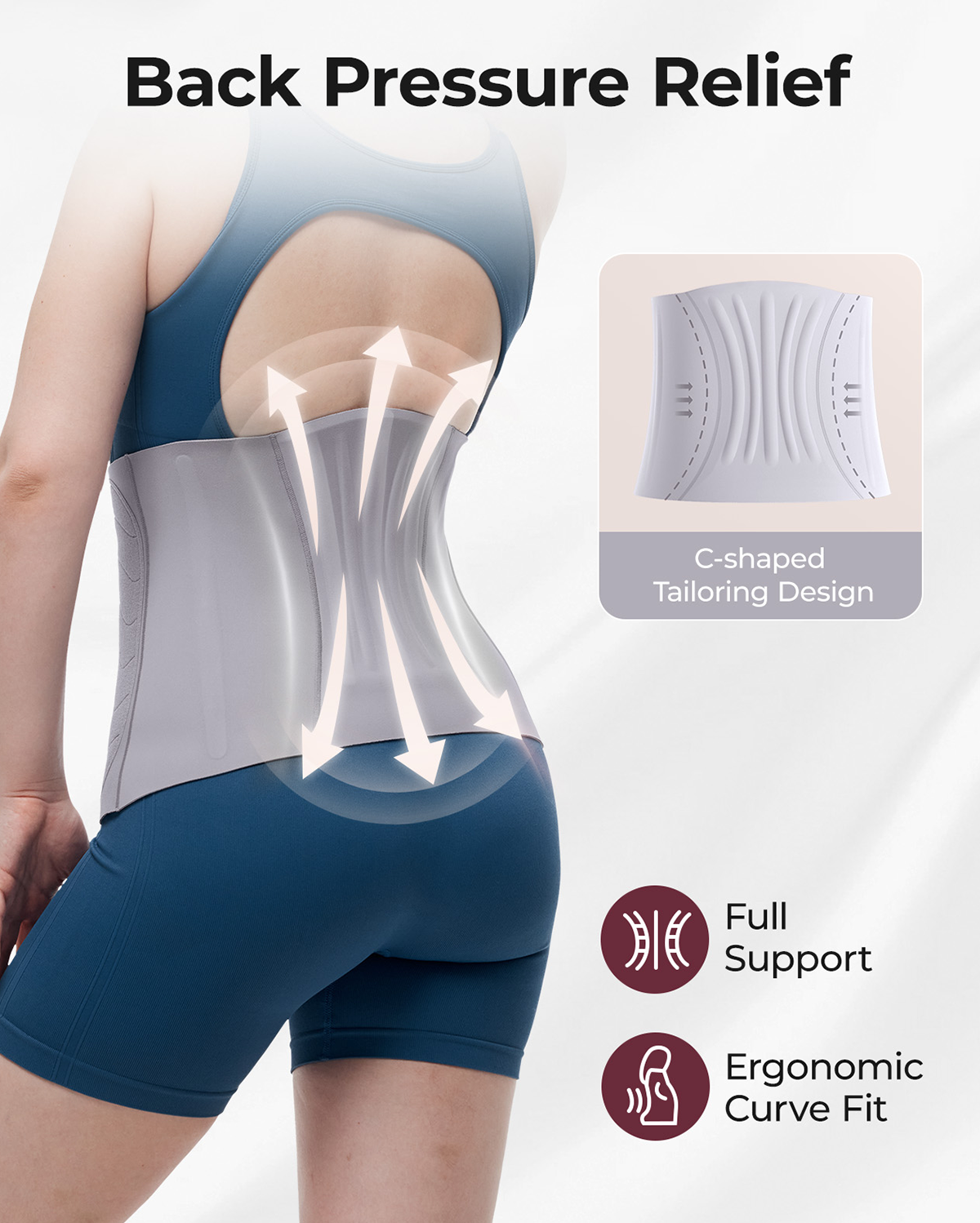 Momcozy Ergowrap postpartum belly band, light gray, back pressure relief, C-shaped design, full support, ergonomic fit.