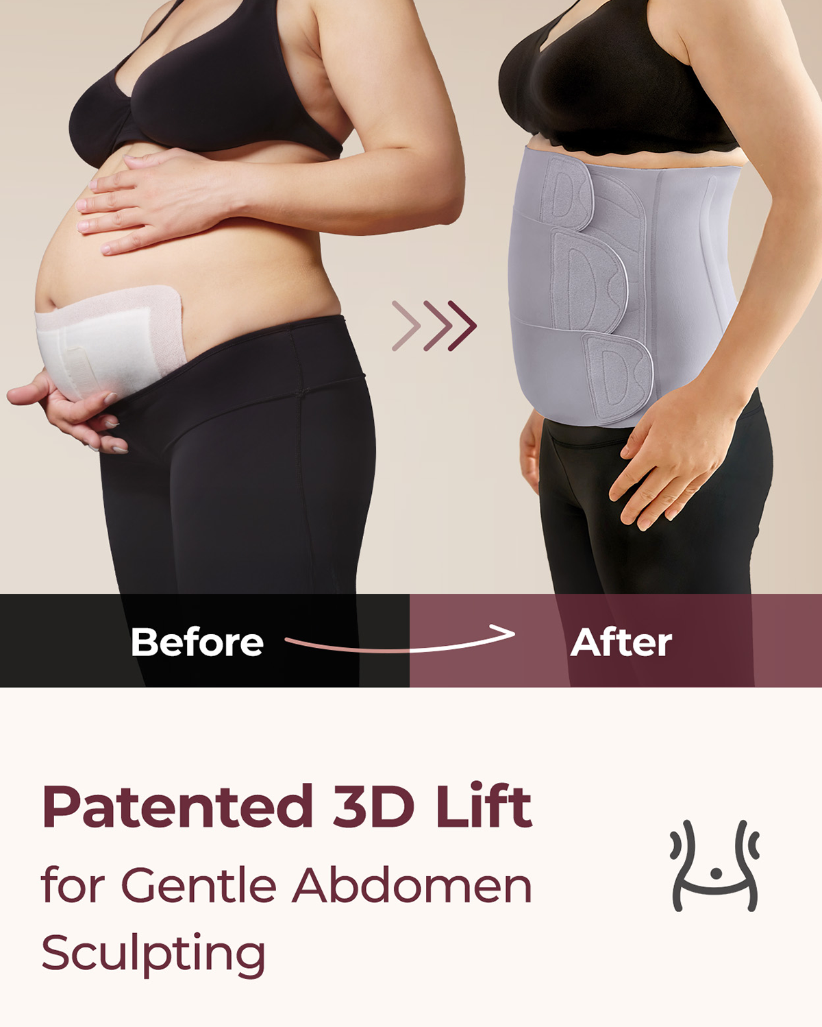 Momcozy Ergowrap Postpartum Belly Band: Before and after comparison, gentle abdomen sculpting with patented 3D lift.
