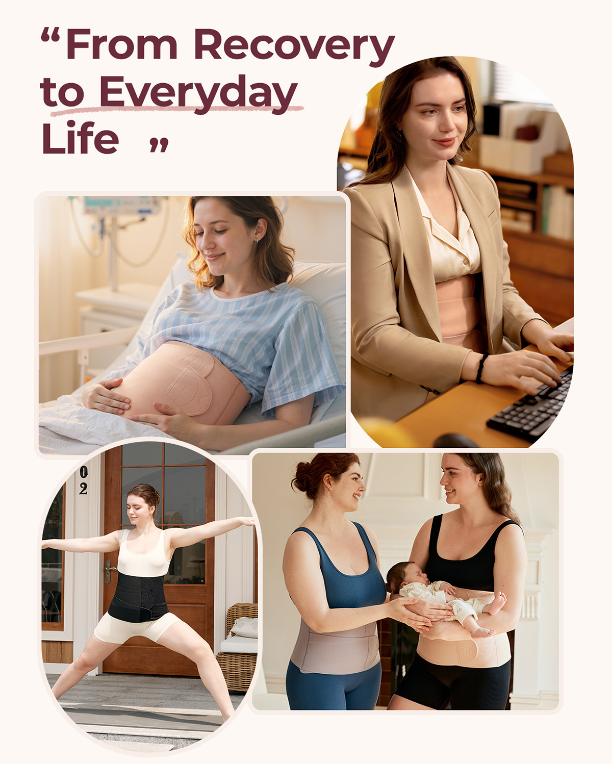 Momcozy Ergowrap postpartum belly band: Supporting recovery, featuring women in various settings, postpartum support.