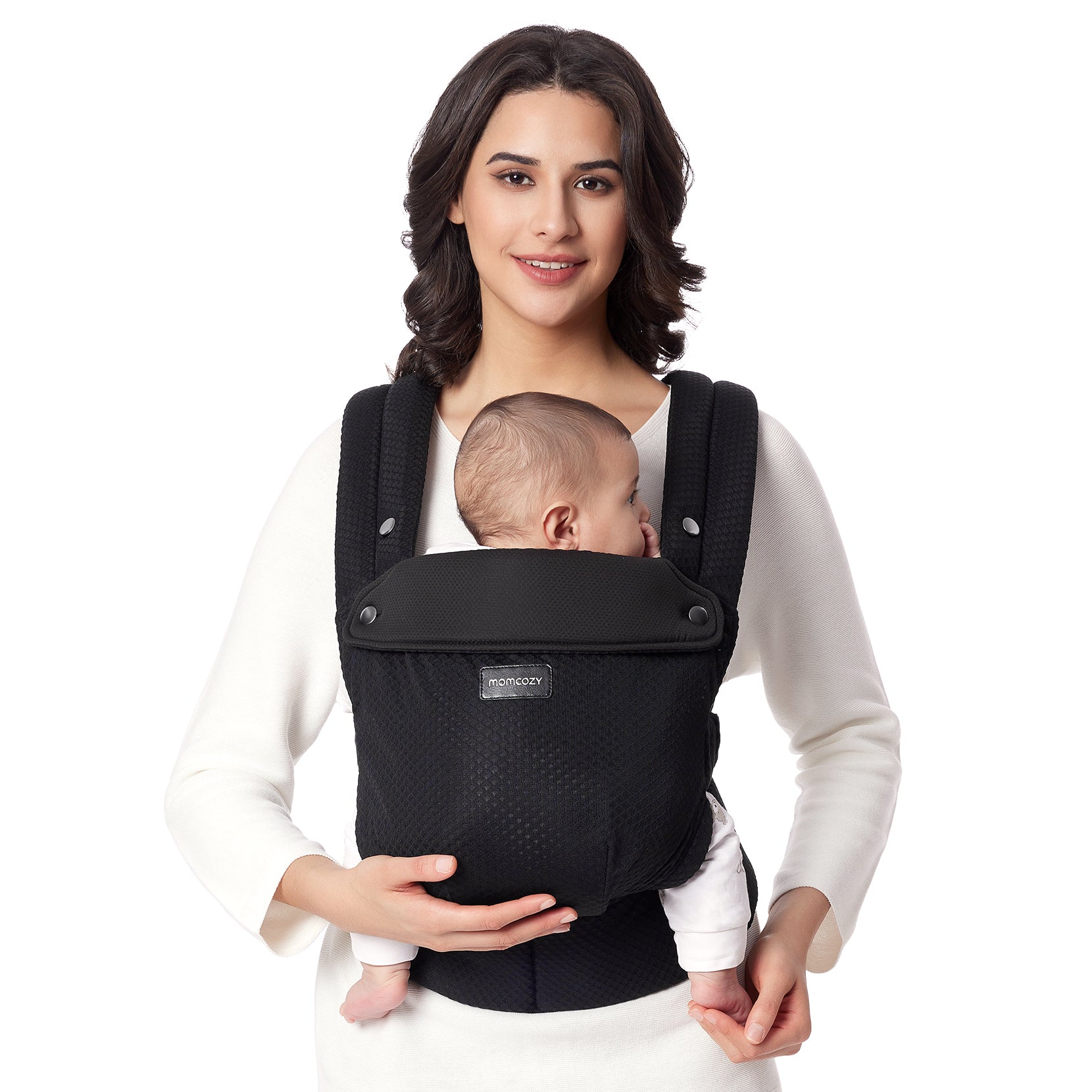 Momcozy PureHug baby carrier, black design, worn by a mother. Ergonomic babywearing for comfort and support.