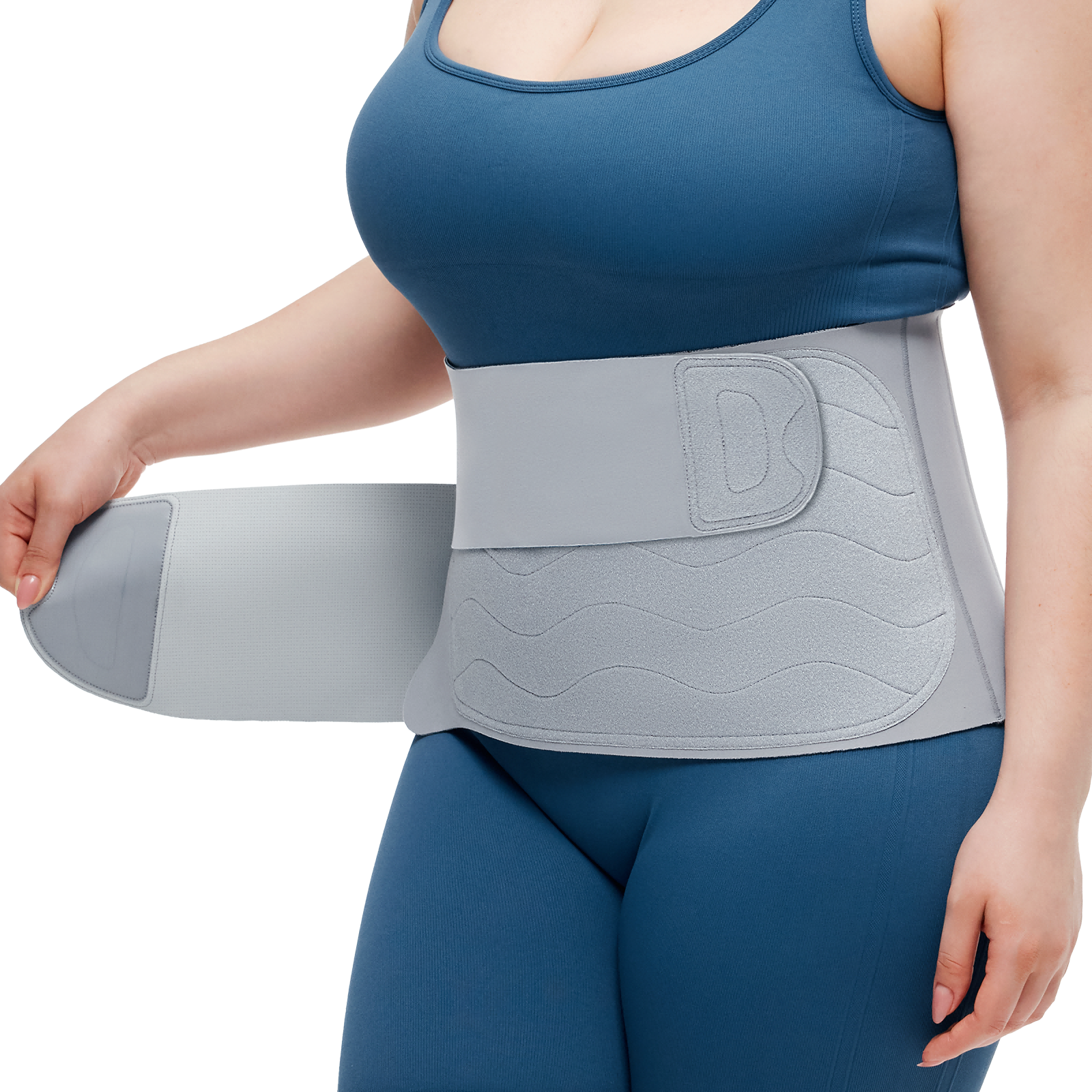 Momcozy Ergowrap Postpartum Belly Band in light gray, worn by a woman for postpartum support.