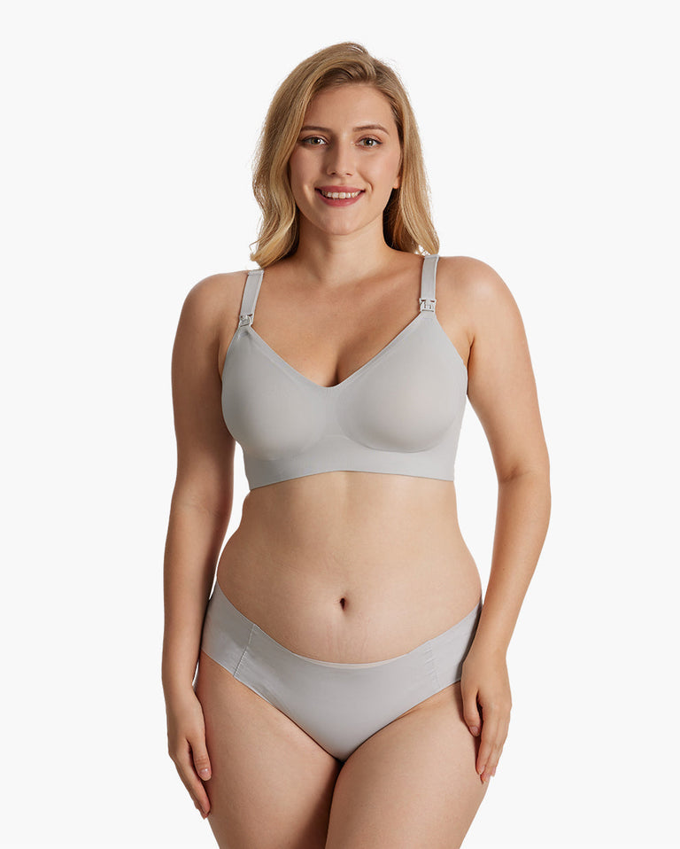 Translation missing: pl.Model in light taupe YN21 Ultra Soft Seamless Nursing Bra &amp; briefs, showing V-neck, smooth fabric, and M5 pump access