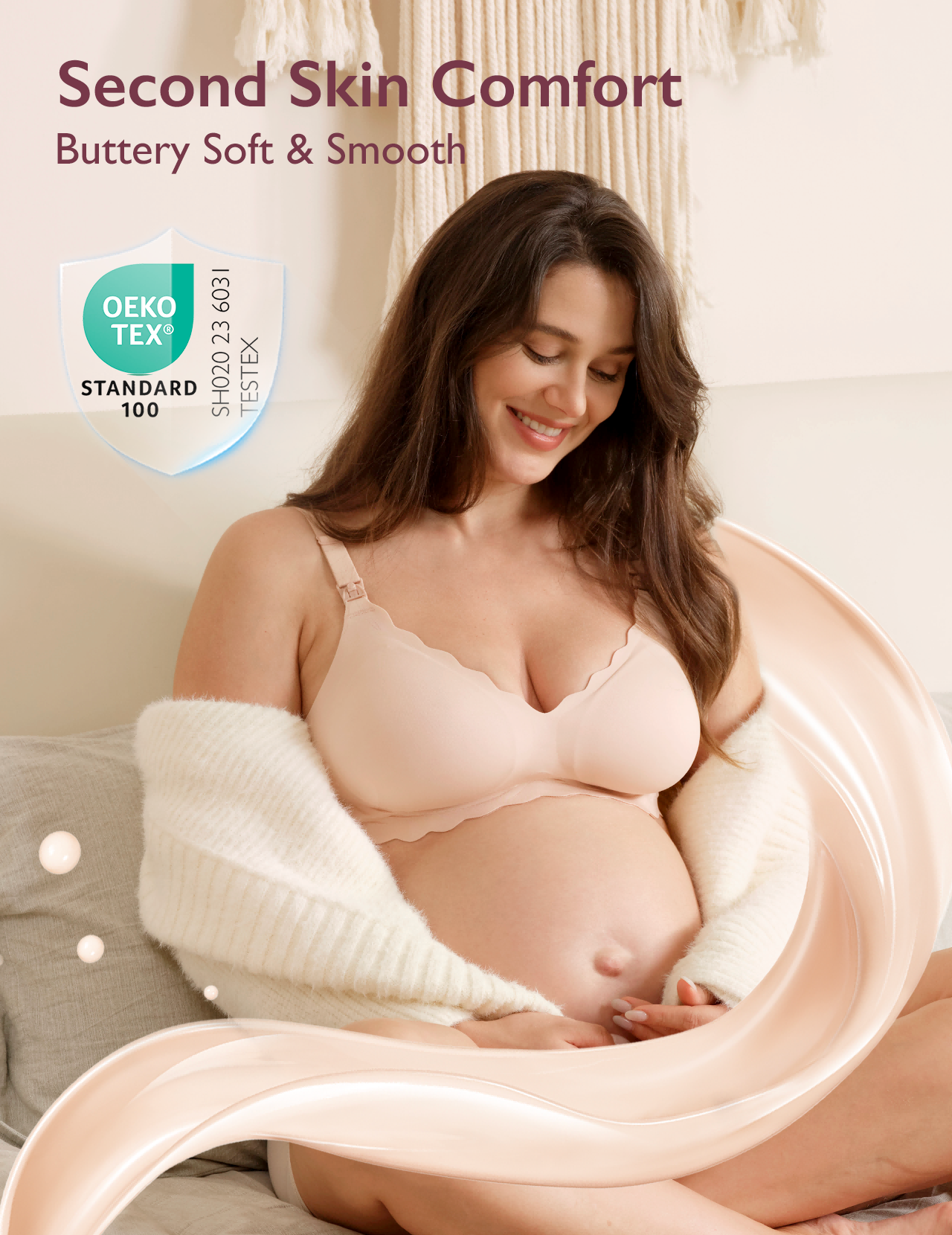 Beige Jelly Strip Seamless Nursing Bra YN46 on pregnant woman, OEKO-TEX certified for buttery soft comfort.