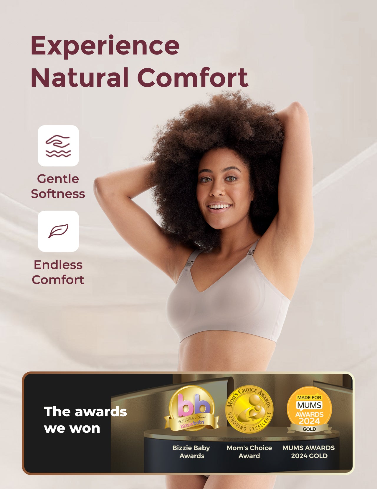 Happy model showcasing light taupe Ultra Soft Seamless Nursing Bra YN21, celebrated for comfort and multiple industry awards.