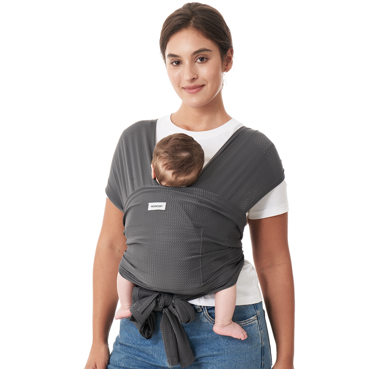 Momcozy gray baby wrap carrier, hands-free babywearing, comfortable design for baby. Baby carrier for bonding