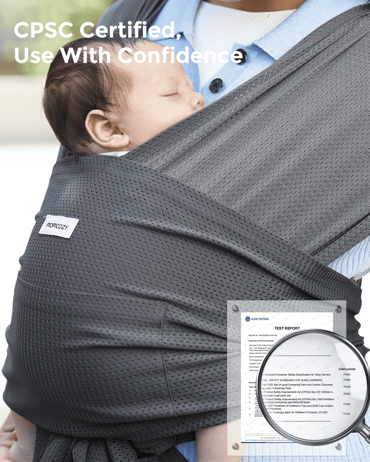 CPSC Certified Momcozy baby wrap carrier. Gray, breathable material, hands-free design for comfortable and safe babywearing.