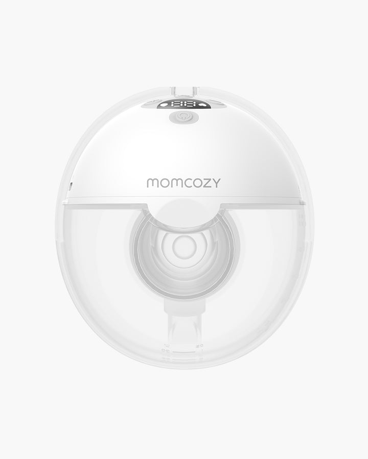 Momcozy M5 Wearable Breast Pump top view highlighting sleek design and control settings.