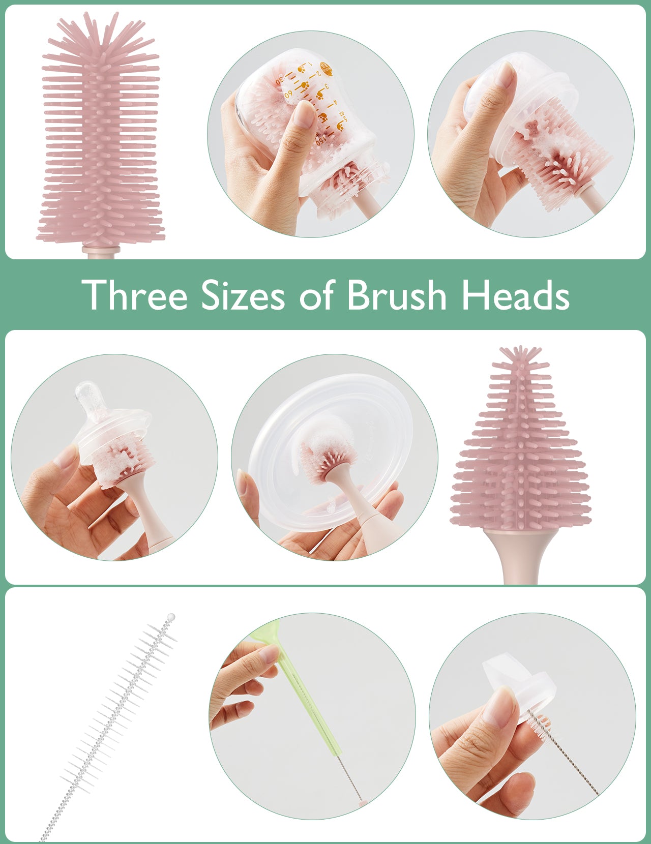 Momcozy bottle brush kit featuring three sizes of brush heads for versatile cleaning.