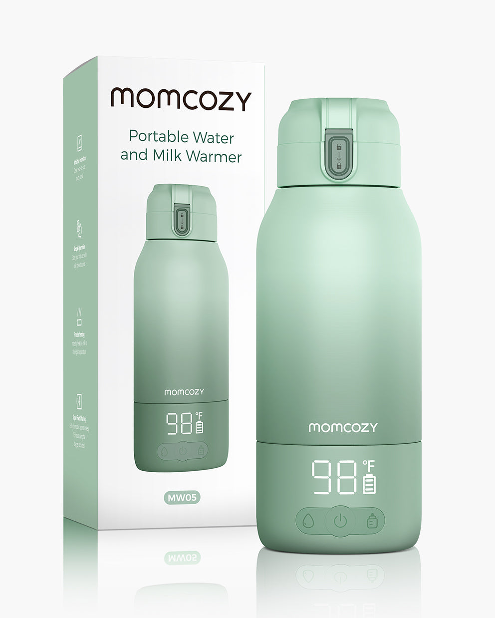 Momcozy portable water and milk warmer in mint green, LCD display showing 98°F, perfect for travel and quick milk heating