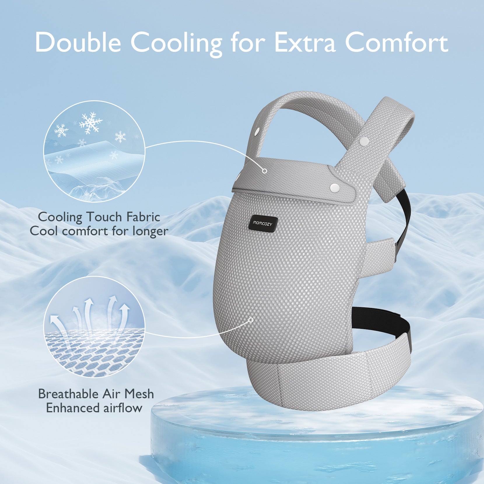 Momcozy PureHug baby carrier in grey with double cooling design, featuring cooling touch fabric and breathable air mesh.