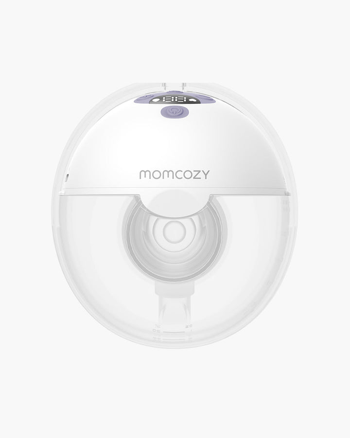 Front view of Momcozy M5 All-in-one wearable breast pump, highlighting compact and functional design