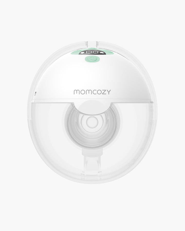 Top view of Momcozy M5 Wearable Breast Pump with clear design and easy-to-use control panel.