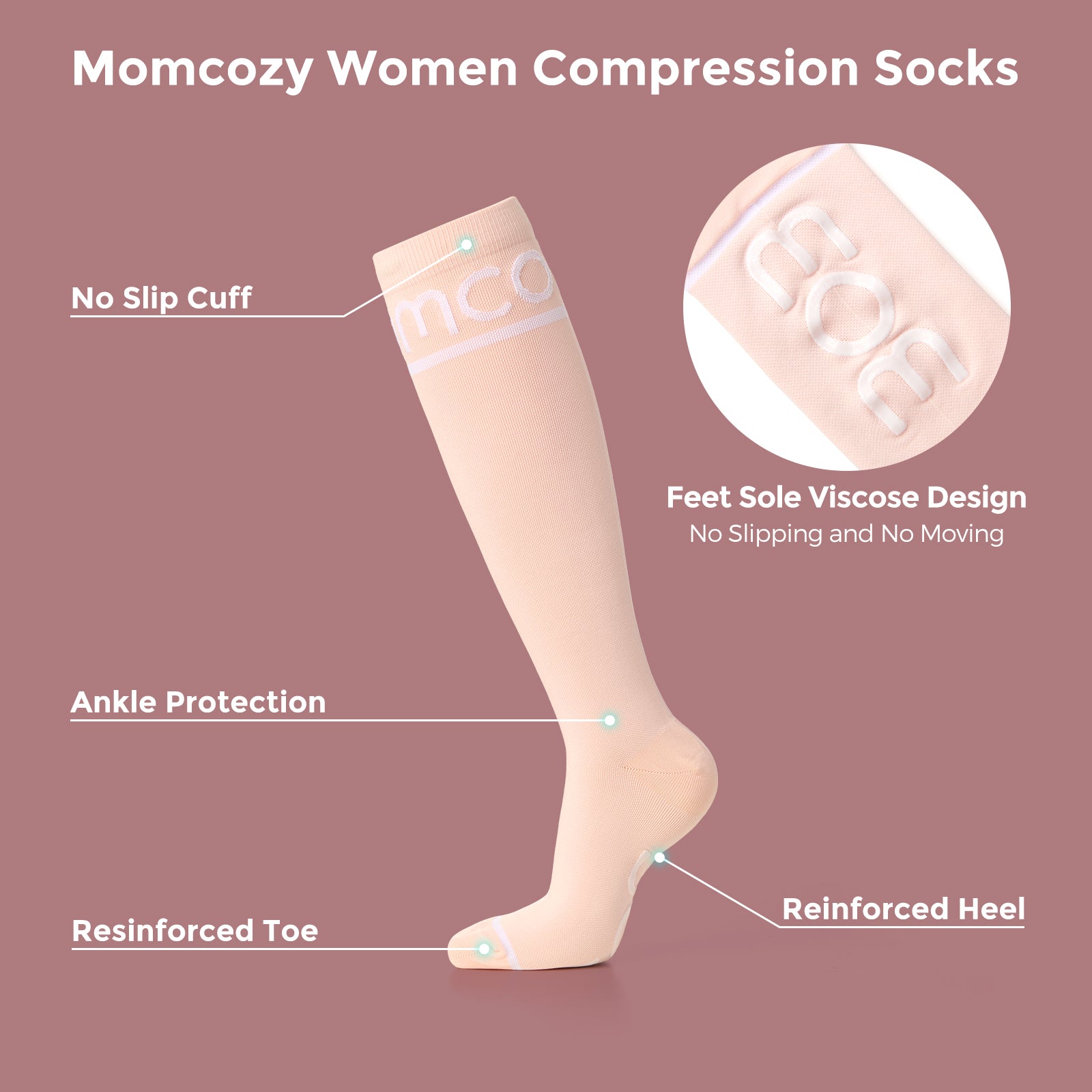 Momcozy Podkolanówki Kompresyjne dla Kobiet w Ciąży, 2 Pary, 15-20 mmHg