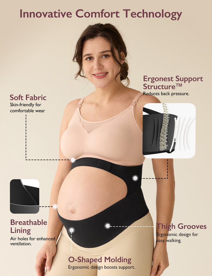 A pregnant woman showcases the Momcozy Ergonest Maternity Belly Band, highlighting its ergonomic support details, soft fabric, and breathable, skin-friendly material.