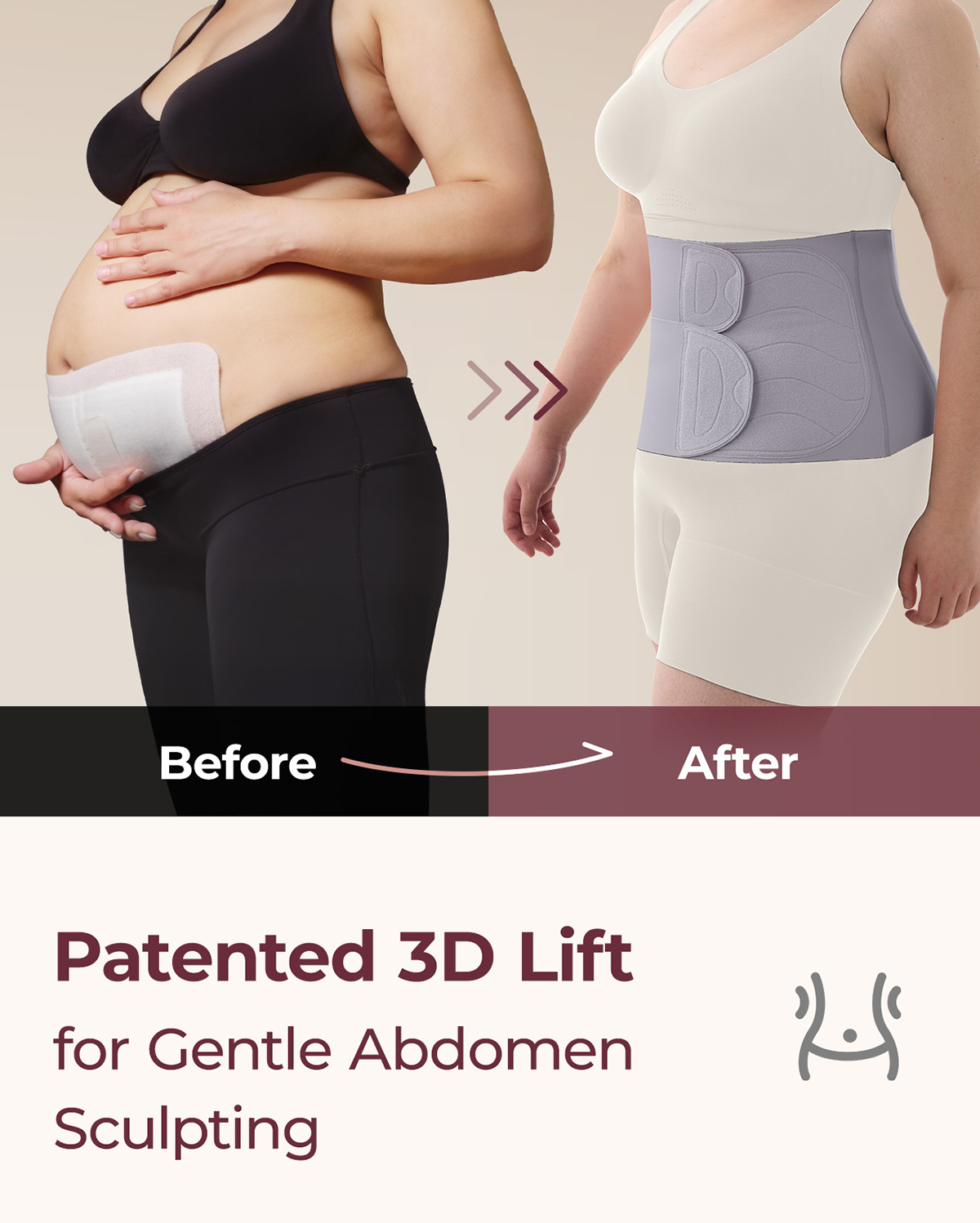 Momcozy Ergowrap Postpartum Belly Band - Before and after abdomen sculpting, gentle support.