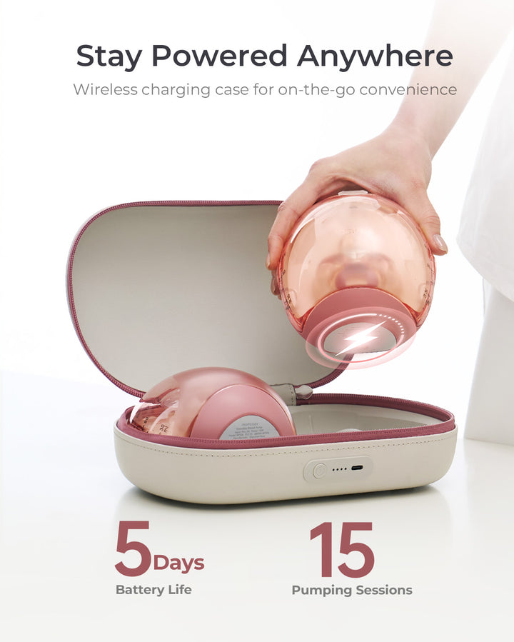 Momcozy Air 1 rose gold breast pump in charging case, highlighting 5 days battery life and 15 pumping sessions.