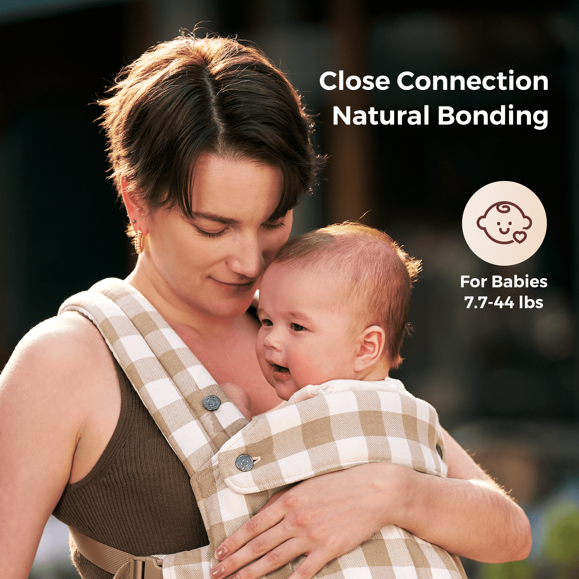 Momcozy PureHug baby carrier, beige checkered design, babywearing for connection and bonding. For babies 7.7-44 lbs.