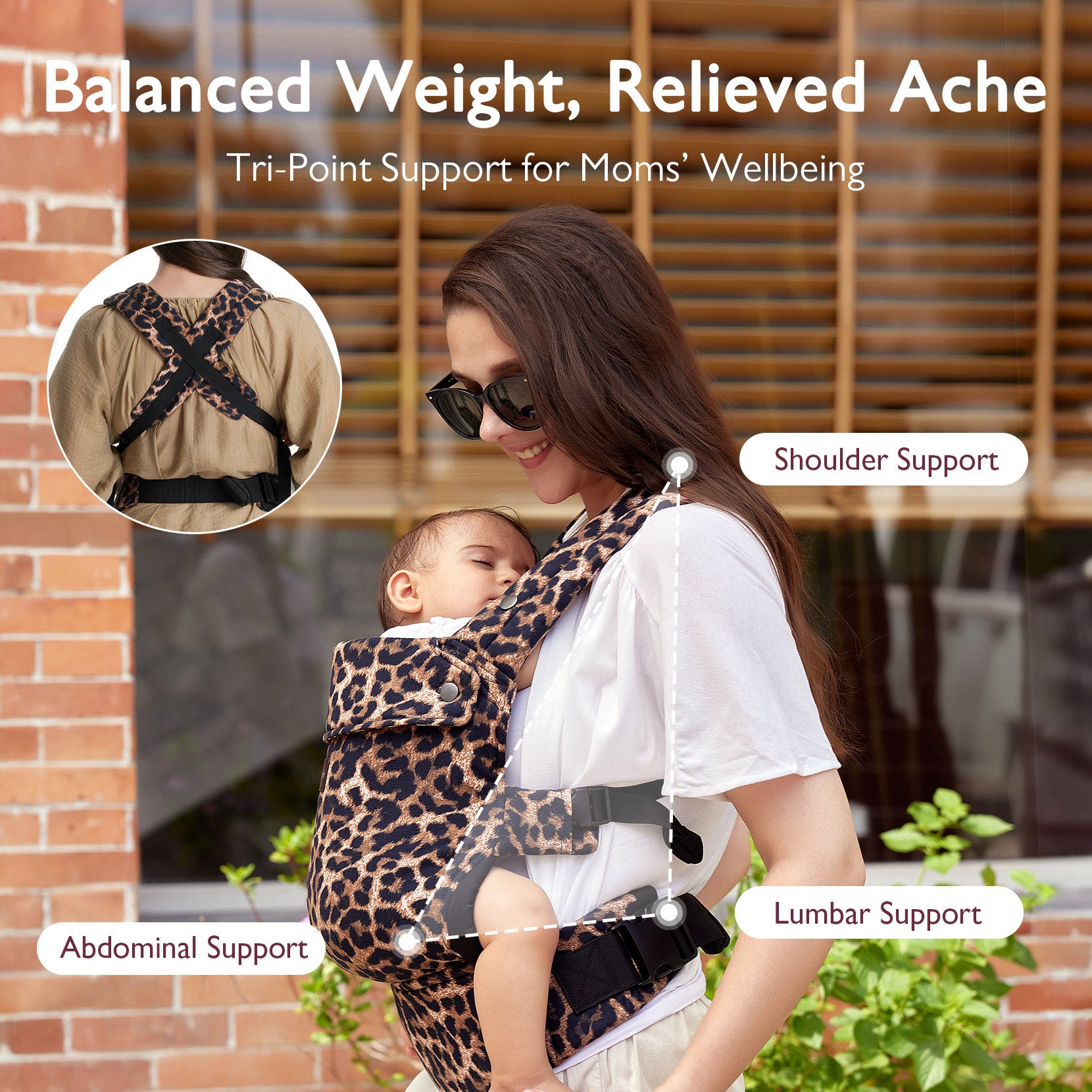 Leopard print Momcozy PureHug carrier, supporting mothers with its design for comfortable babywearing and balanced weight distribution.