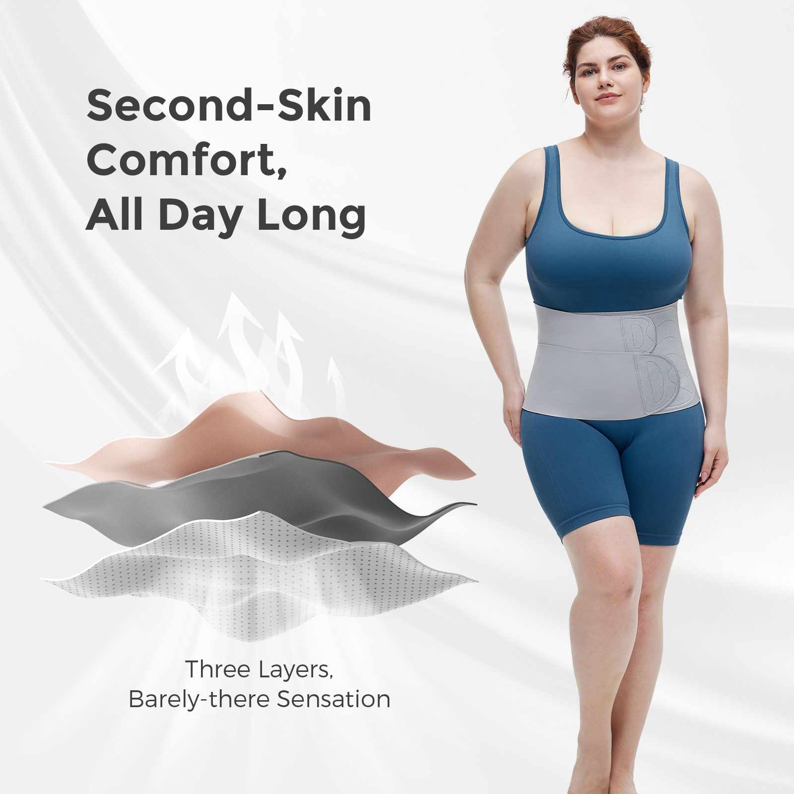 Momcozy Ergowrap postpartum belly band, light gray, for postpartum support. "Second-Skin Comfort, All Day Long."