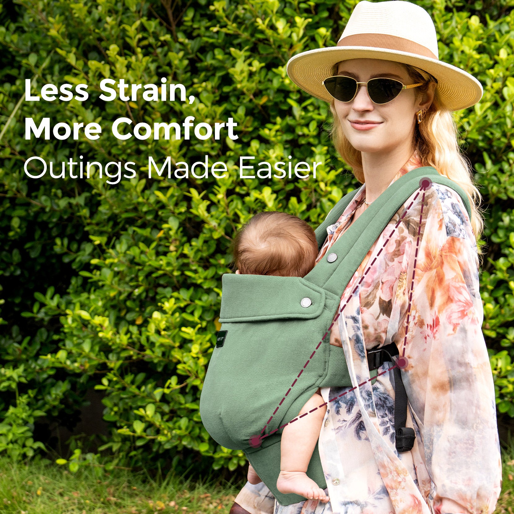 Olive Momcozy baby carrier. Woman babywearing with newborn. Comfortable babywearing for outings, Less Strain, More Comfort.