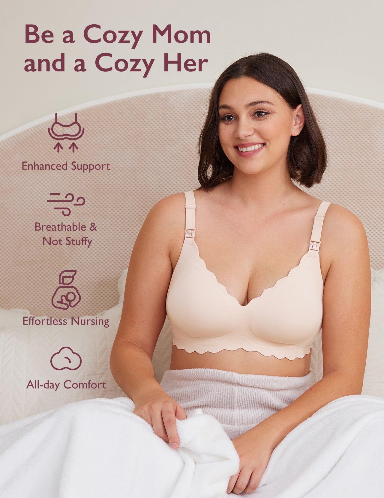 Light beige Jelly Strip Seamless Nursing Bra YN46 on smiling mom, with scalloped edges, for comfort, support & M9 Pump.