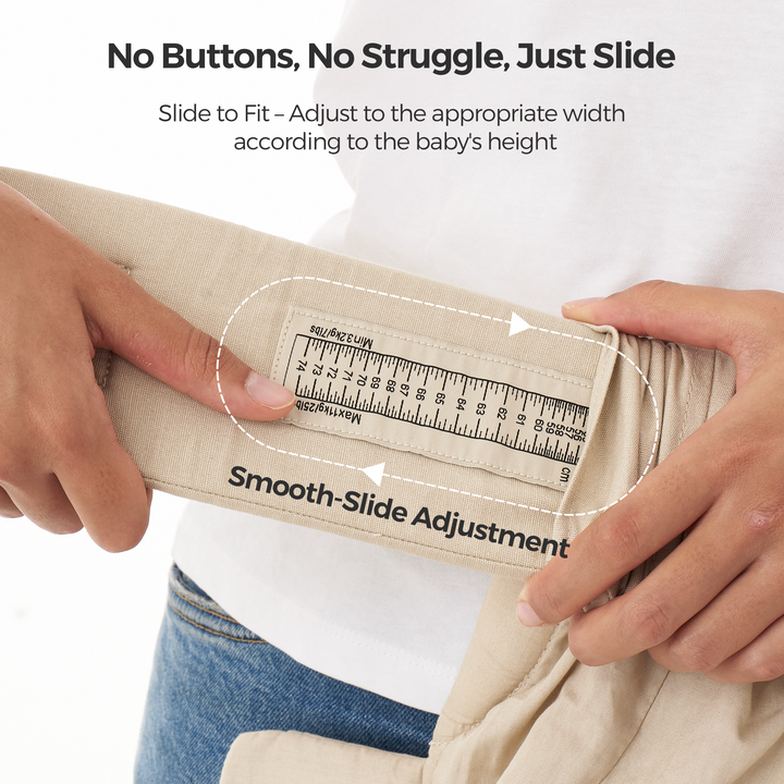 Momcozy WeeSnug Newborn Carrier smooth-slide adjustment for baby. Beige carrier with easy width adjustment for comfort.