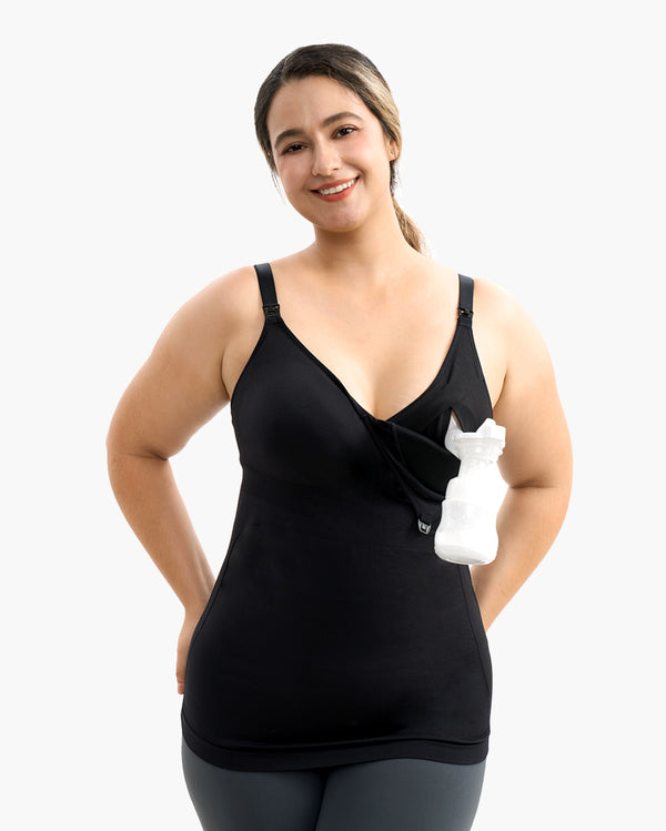 Black hands-free pumping & nursing tank top with wearable breast pump, designed for comfort.