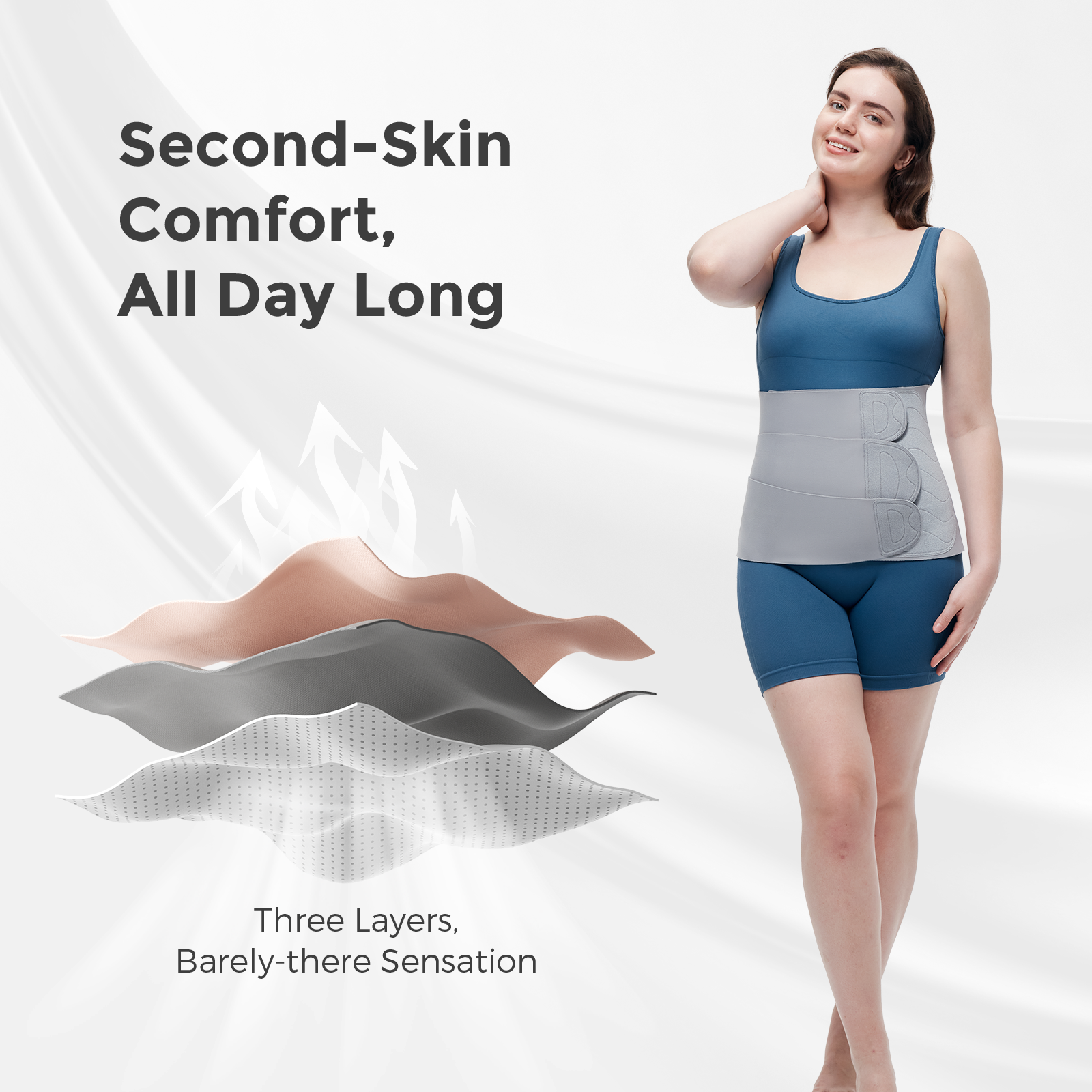 Momcozy Ergowrap Postpartum Belly Band: light gray, three-layer design for second-skin comfort and all-day support.