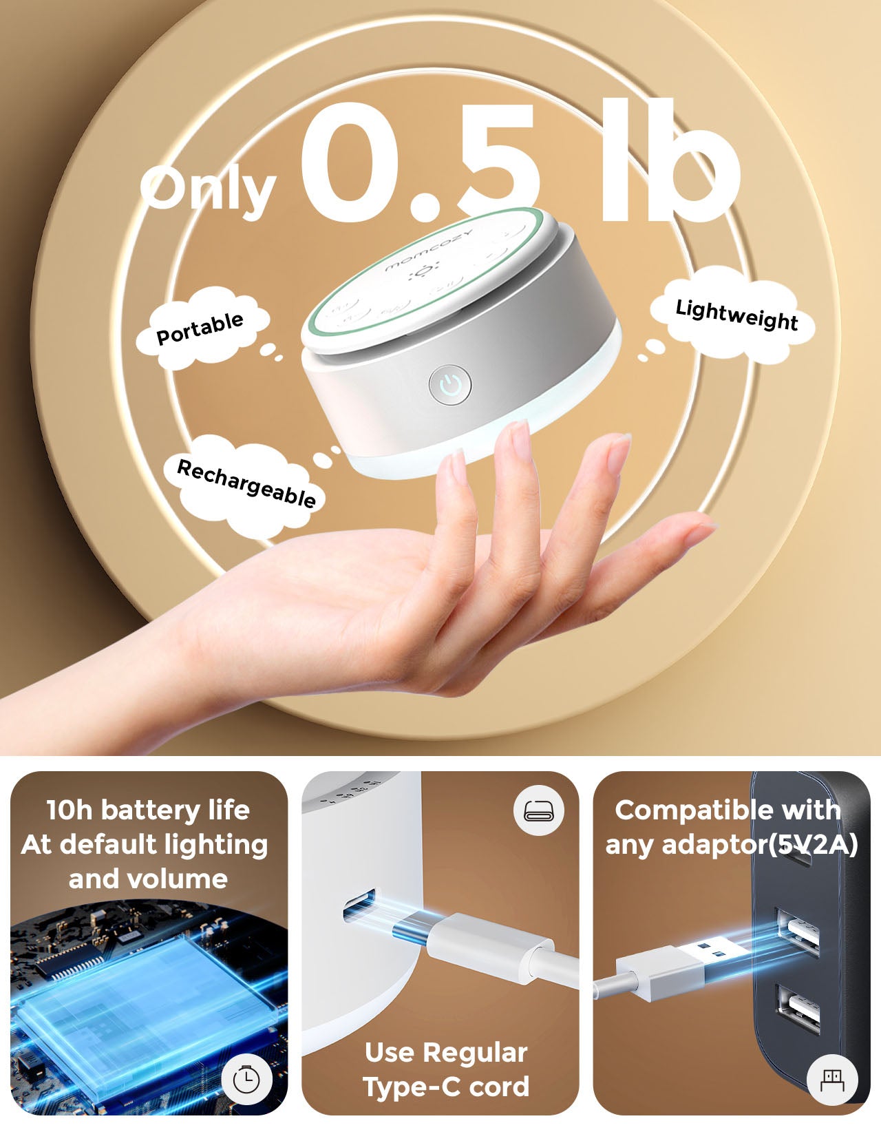 Momcozy baby sound machine, portable and rechargeable with long battery life, Type-C charging and adapter compatible.