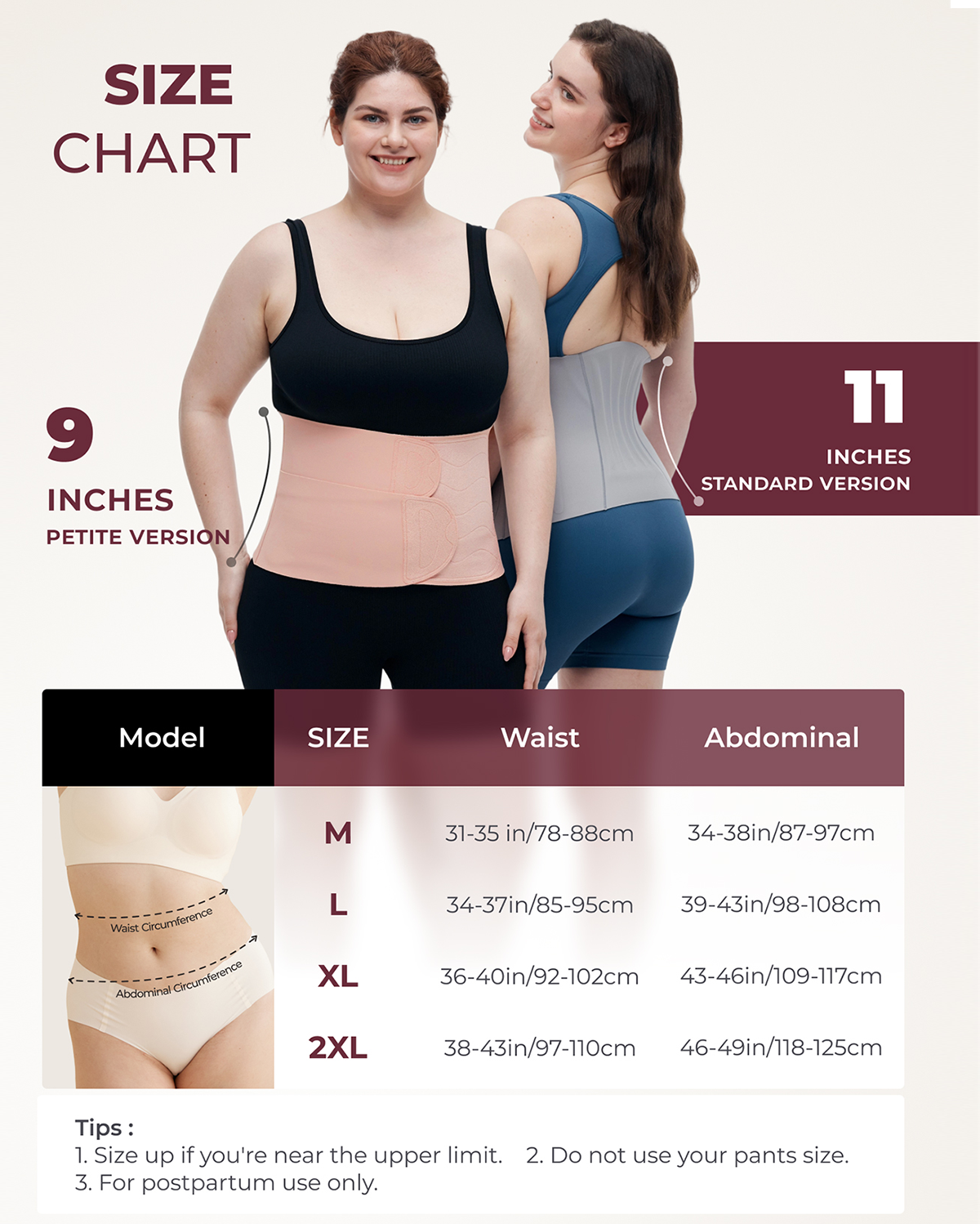 Momcozy Ergowrap Postpartum Belly Band size chart: Petite & Standard, waist, abdominal measurements, postpartum support.