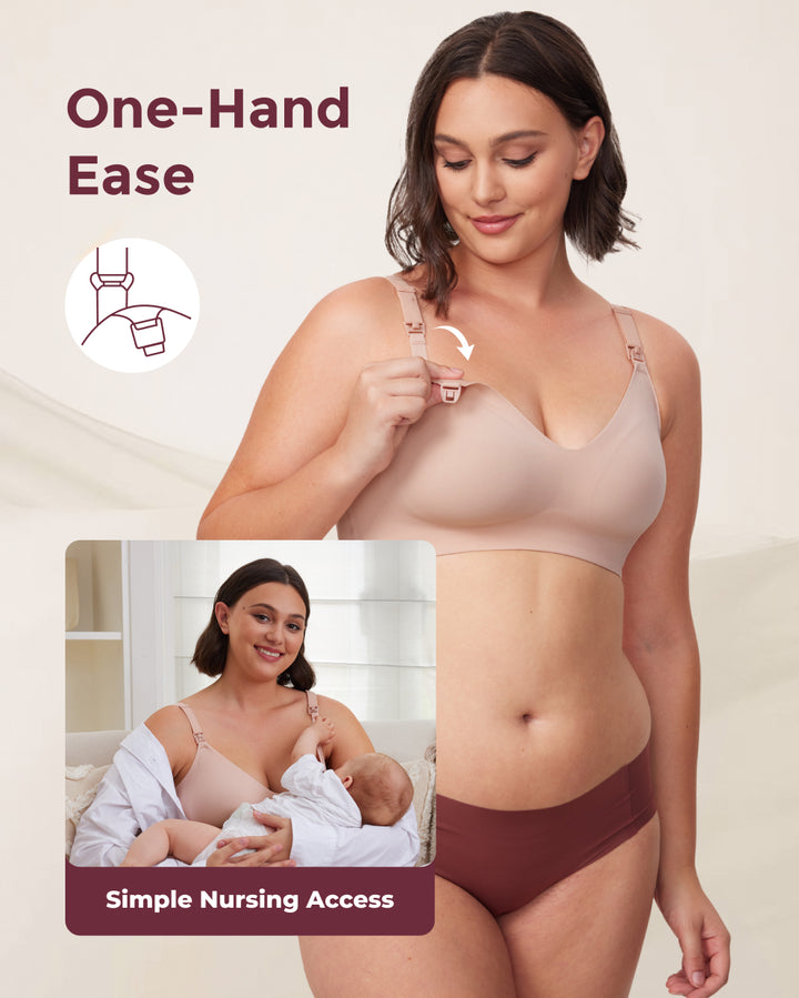 Light taupe YN21 Ultra Soft Nursing Bra: One-hand clip for simple nursing access. Inset: mother breastfeeding.