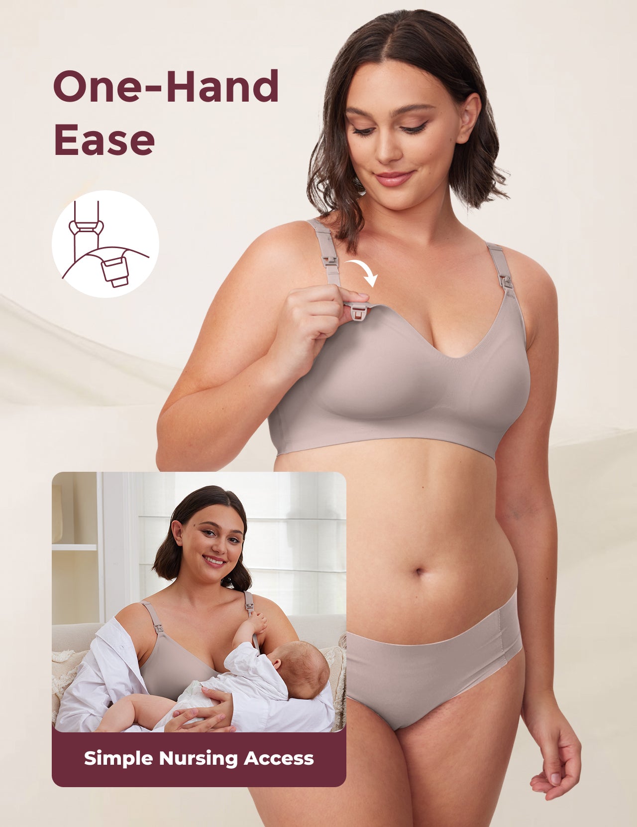Light taupe Seamless Nursing Bra YN21: model demonstrates one-hand clip for easy nursing. Inset shows mother breastfeeding.