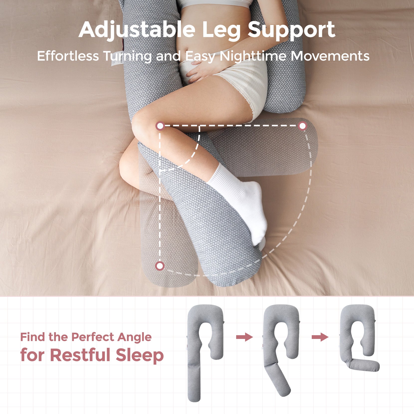 Momcozy Dreamlign pregnancy pillow with adjustable leg support for comfortable sleep during pregnancy.