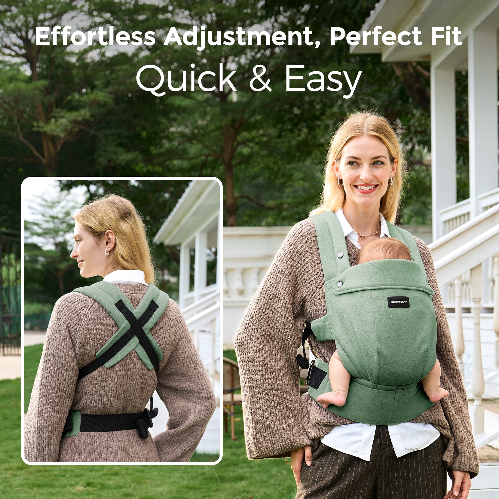 Momcozy PureHug baby carrier, sage green, mother babywearing with baby. Effortless adjustment, perfect fit, quick & easy.