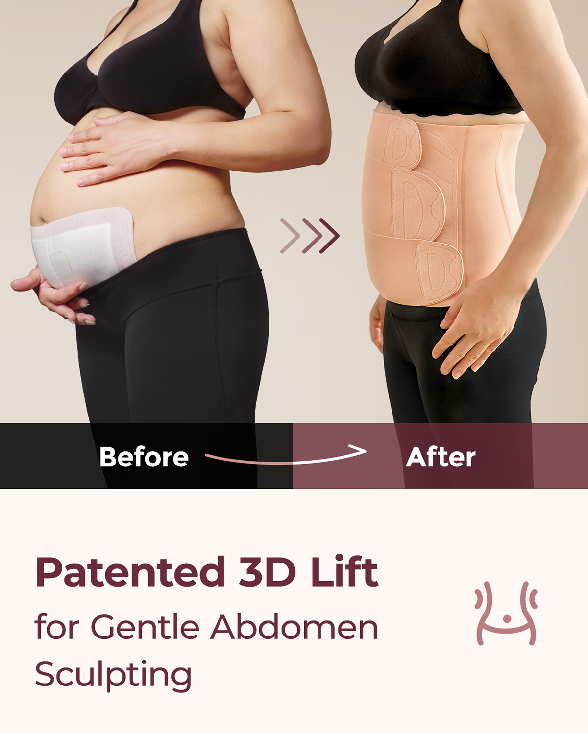 Momcozy Ergowrap postpartum belly band: Before and after comparison showing gentle abdomen sculpting and support