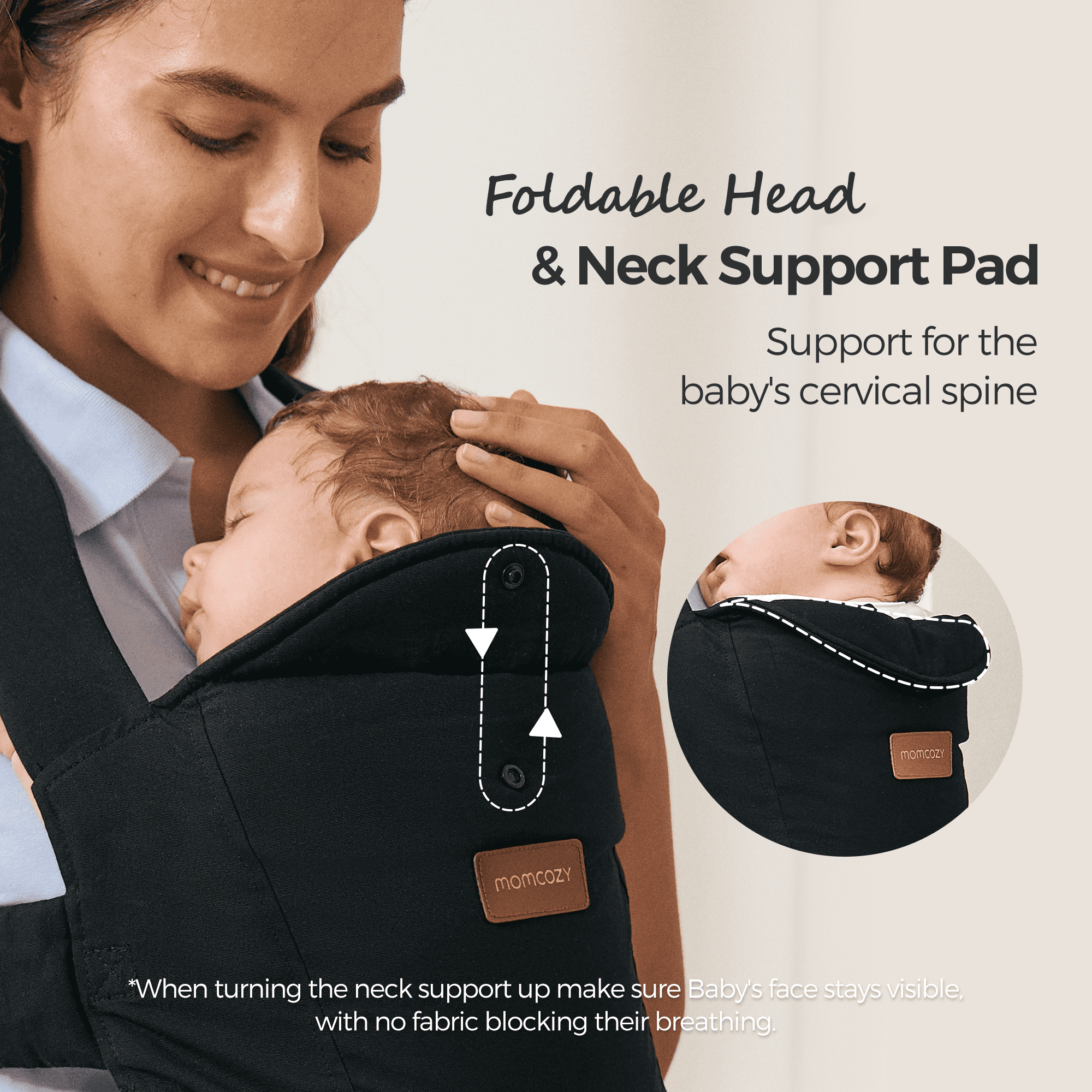 Momcozy WeeSnug newborn carrier, with foldable head & neck support in black. Focus on baby comfort, designed to provide neck support, for newborn safety.