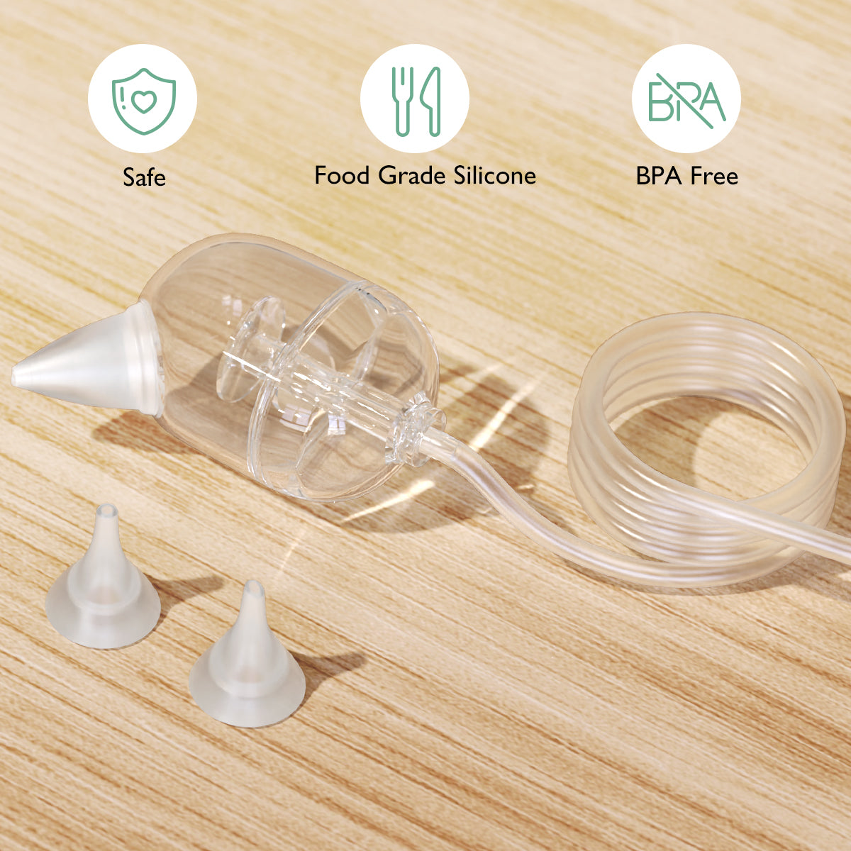 Momcozy Nasal Aspirator made with food-grade silicone, BPA-free and safe, with spare tips, ideal for infant care.