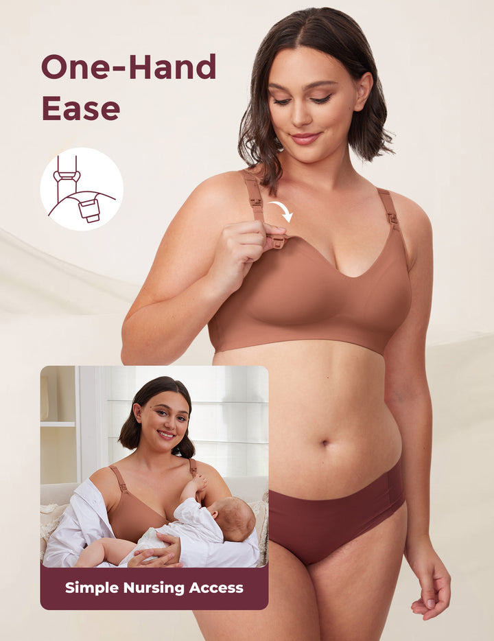Warm cinnamon YN21 Ultra Soft Seamless Nursing Bra, model shows one-hand clip ease & breastfeeding access with baby.