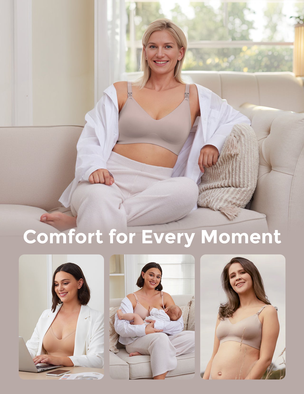 Light taupe Ultra Soft Seamless Nursing Bra YN21: versatile comfort for pregnancy, nursing, and everyday. M5 pump compatible.