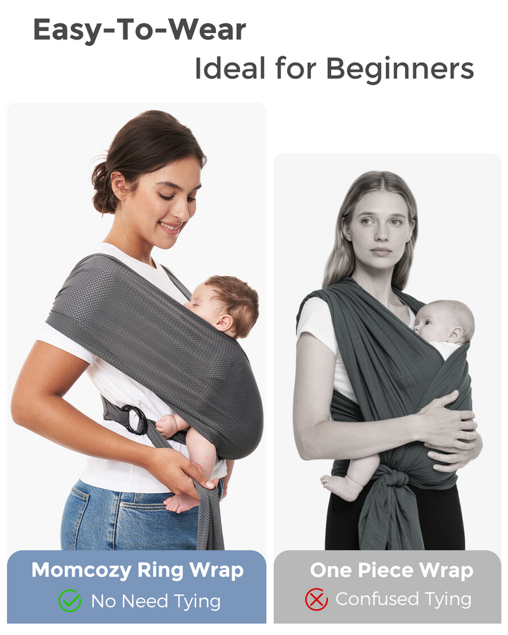 Momcozy ring wrap carrier, easy-to-wear for beginners, hands-free babywearing compared to one-piece wrap design.