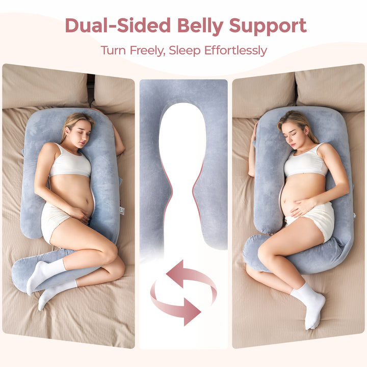 Pregnant woman using Momcozy Dreamlign pregnancy pillow, dual-sided belly support for effortless sleep, grey color