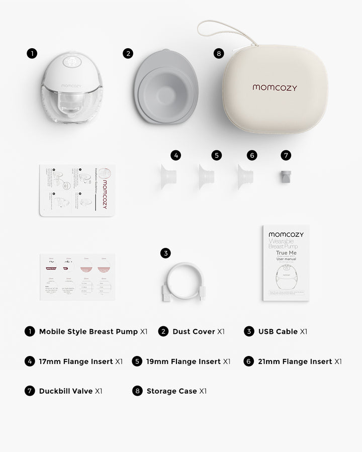 Momcozy M6 breast pump set including various pump components and storage case.