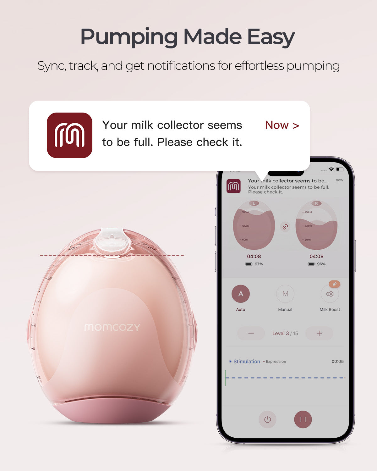 Momcozy Air 1 ultra-slim pink breast pump with smartphone app displaying smart notifications & real-time tracking.