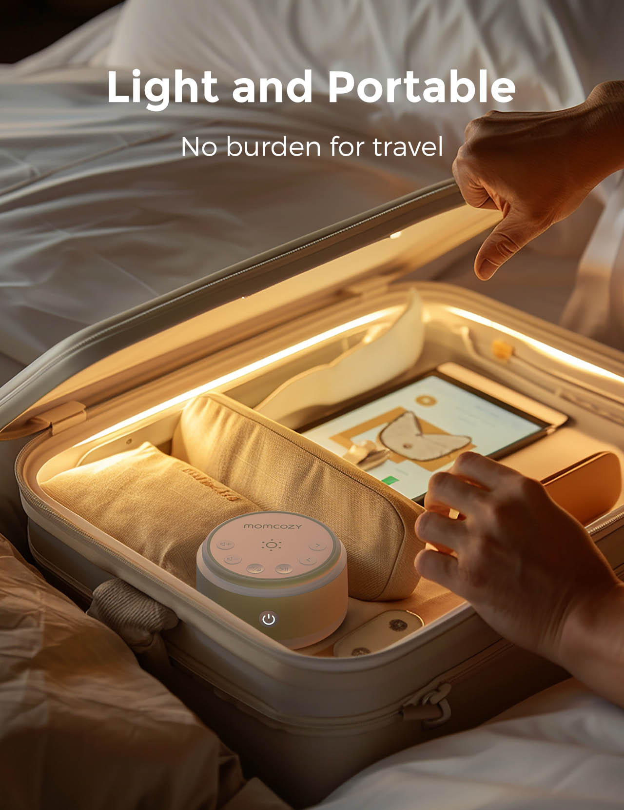 Momcozy portable baby sound machine, perfect for travel, with warm light, promoting peaceful baby sleep